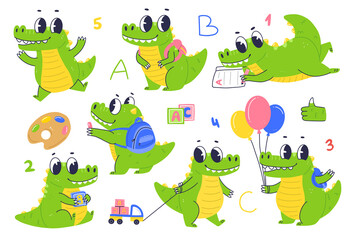 Set of cartoon character crocodile schoolboy. Crocodile baby goes to kindergarten.