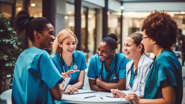 A group of healthcare workers collaborating and discussing patient care, highlighting the importance of teamwork in the medical field Generative AI