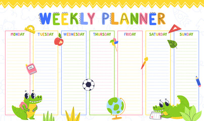 Design of the children's weekly planner template. Ready-made schedule design for the week with a cartoon character crocodile.