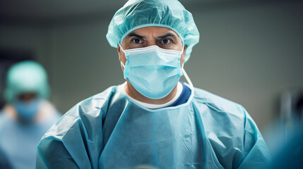 A physician in an operating room, wearing a surgical mask and holding surgical instruments, ready to perform a life-saving procedure Generative AI