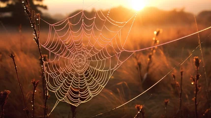 Fotobehang Dewcovered spider web against a morning sunrise © Benjamin