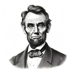 Black and white vintage engraving, headshot portrait of Abraham Lincoln wearing a suit and bowtie, serious looking expression, face straight-on, facing camera, white background - Generative AI - obrazy, fototapety, plakaty