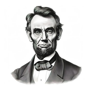Black and white vintage engraving, headshot portrait of Abraham Lincoln wearing a suit and bowtie, serious looking expression, face straight-on, facing camera, white background - Generative AI