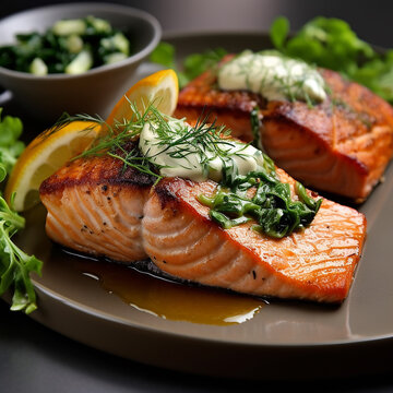 Appetizing piece of salmon grilled with slice of lemon..