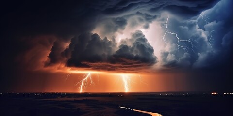 Dramatic and powerful tornado  Lightning thunderstorm