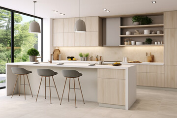 Contemporary kitchen design in a soothing cream color palette Generative AI