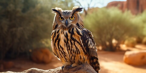 Eagle owl perched in front of a beautiful background - obrazy, fototapety, plakaty