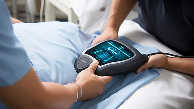 A medical worker using a handheld ultrasound device to examine a patient's abdomen, enhancing diagnostic capabilities Generative AI