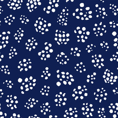Fototapeta na wymiar Abstract, round shaped geometrical elements seamless repeat pattern. Random placed, vector polka dot all over surface print on dark blue background.