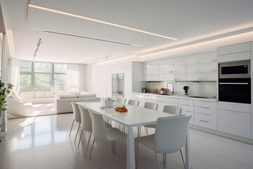 Fototapeta na wymiar High-end interior design featuring a seamless white kitchen, dining, and living space Generative AI