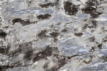 Texture of gray stone with cracks and black stains as a natural background