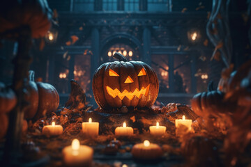 Obraz premium Halloween. The souls of the dead returned to their homes. Pumpkins, witches, skeletons, sorceresses, spirits of the dead, dark night, candies, scary, candles. Generative AI