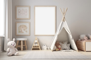 Fototapeta na wymiar Inviting white cozy children's room with a mock-up poster frame, 3D rendered Generative AI