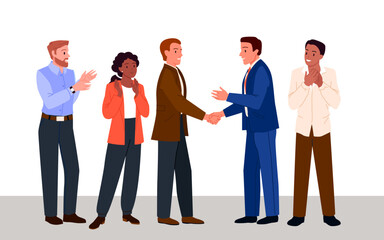 Business team applauding with respect to handshake of office employees vector illustration. Cartoon business leader and boss shaking hand of happy manager, corporate colleagues celebrate partnership