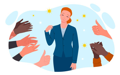 Cartoon people clap and cheer happy businesswoman, office workers appreciate achievement of hero manager. Hands applaud and congratulate confident female employee with good job vector illustration - obrazy, fototapety, plakaty
