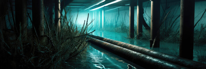pipes for transportation oil, gas.Gas pipeline under water. Banner. Copyspace. Generative AI