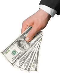 Business man holds stack Paper Currency