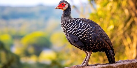 Fototapeta premium Guinea fowl perched in front of a beautiful background