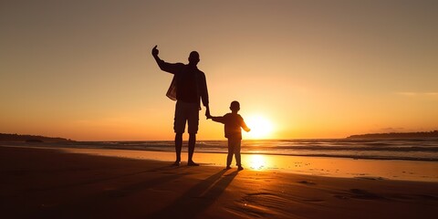 Happy father and son having great time on the beach in sunset