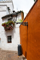Narrow paved lane with hanging lamppost and flower through window in Sevilla Spain