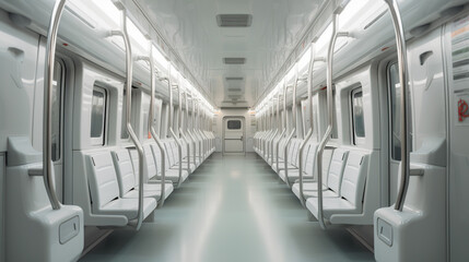Fototapeta premium A subway car with rows of empty seats. Generative AI.