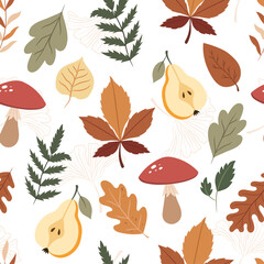 Obraz premium Seamless autumn pattern with leaves, mushrooms, pears on a white background. Vector illustration