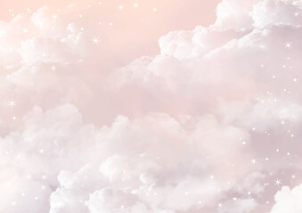 Pink vector watercolor art background with white clouds and pink sky. Hand drawn watercolour vector texture. Heaven.  Abstract template for flyers, invitation cards, poster, cover or design interior.

