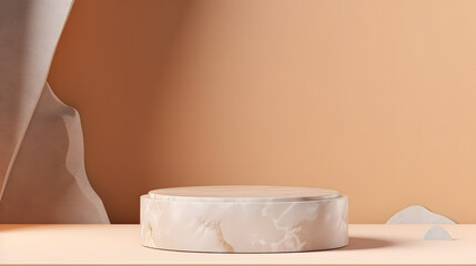 Natural stone podium mock-up for cosmetics, products, perfumes or jewelry Beige color with shadow background.