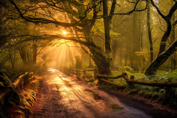 Obraz premium Enchanting Forest Symphony: Tranquil Sunlit Path Invites You into Nature's Embrace, ai generative