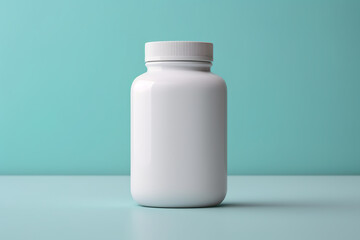 A close up of a white bottle on a table. Generative AI. Blank supplement bottle mockup.