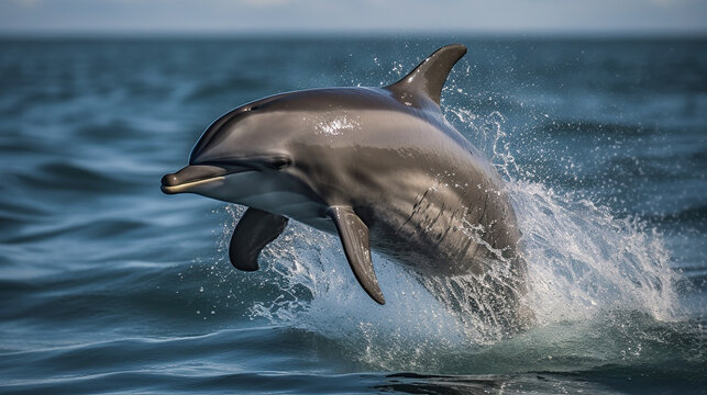 A majestic dolphin jumping from the ocean waves causing a splash