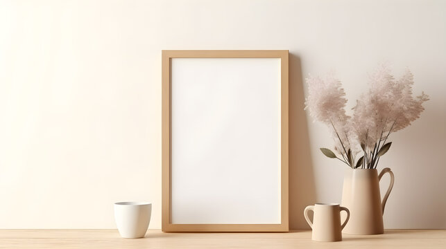 Empty wooden picture frame, poster mockup on wooden table. Cup of tea, coffee. Breakfast concept. Beige wall background, Generative AI