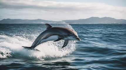 Obraz premium A majestic dolphin jumping from the ocean waves causing a splash