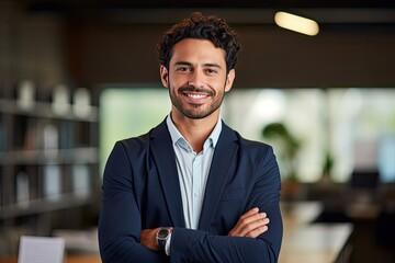 Smiling confident young businessman looking at camera standing in office. Elegant stylish corporate leader successful ceo executive manager.  - obrazy, fototapety, plakaty