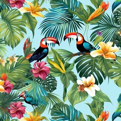 Colorful toucans in the midst of lush palm trees and exotic flowers. Gorgeous vibrant nature background wallpaper illustration. Generative AI.