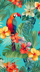 Colorful toucans in the midst of lush palm trees and exotic flowers. Gorgeous vibrant nature background wallpaper illustration. Generative AI.