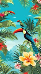 Colorful toucans in the midst of lush palm trees and exotic flowers. Gorgeous vibrant nature background wallpaper illustration. Generative AI.