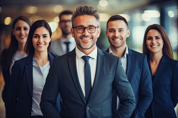 Confident business team posing with it's leader at a corporate office.