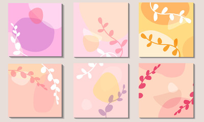A set of bright square backgrounds in shades of pink, yellow and lilac with eucalyptus branches.