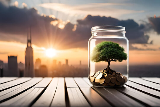 concept growth money and tree on coin glass jar saving and investment,, --ar 3:2 p5