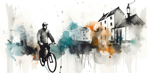 A painting of a man riding a bike. Generative AI.