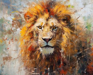 lion  form and spirit through an abstract lens. dynamic and expressive lion print by using bold brushstrokes, splatters, and drips of paint. lion raw power and untamed energy