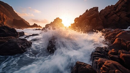 Fototapeta na wymiar Dramatic Encounter: Captivating Sunrise Scene with Intense Waves and Rocky Coast, AI Generative