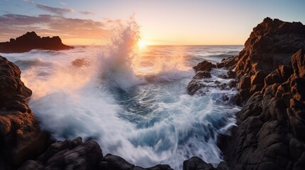 Tranquil Power: Serene Sunrise Scene with Waves Meeting Rocky Coastline, AI Generative