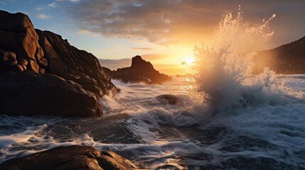 Coastal Energy: Striking Waves Breaking against Jagged Shoreline at Sunrise, AI Generative
