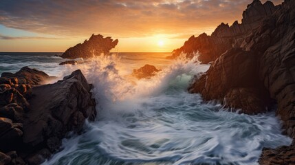 Fototapeta premium Waves of Majesty: Powerful Crashing Waves on Rocky Cliffs during Sunrise, AI Generative