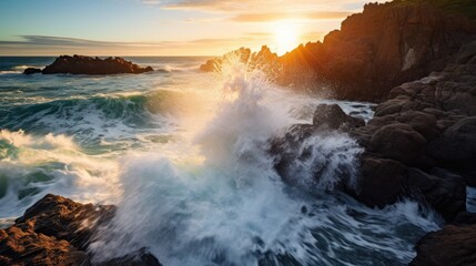 Fototapeta na wymiar Sunrise Splendor: Captivating Scene with Waves and Rocks under Dramatic Sky, AI Generative