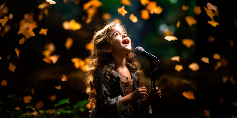 young girl singing her heart out on a makeshift stage in the garden, her voice carrying the melody of childhood dreams