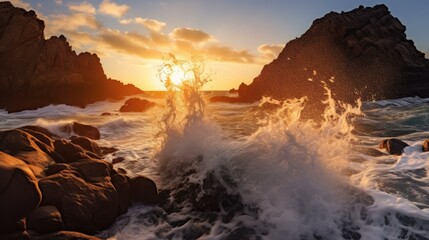 Fototapeta premium Dramatic Splendor: Captivating Scene with Waves and Rocks under Vibrant Hues, AI Generative