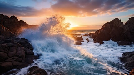 Fototapeta na wymiar Serene Awakening: Powerful Ocean Waves Breaking against Rocky Coastline, AI Generative 
